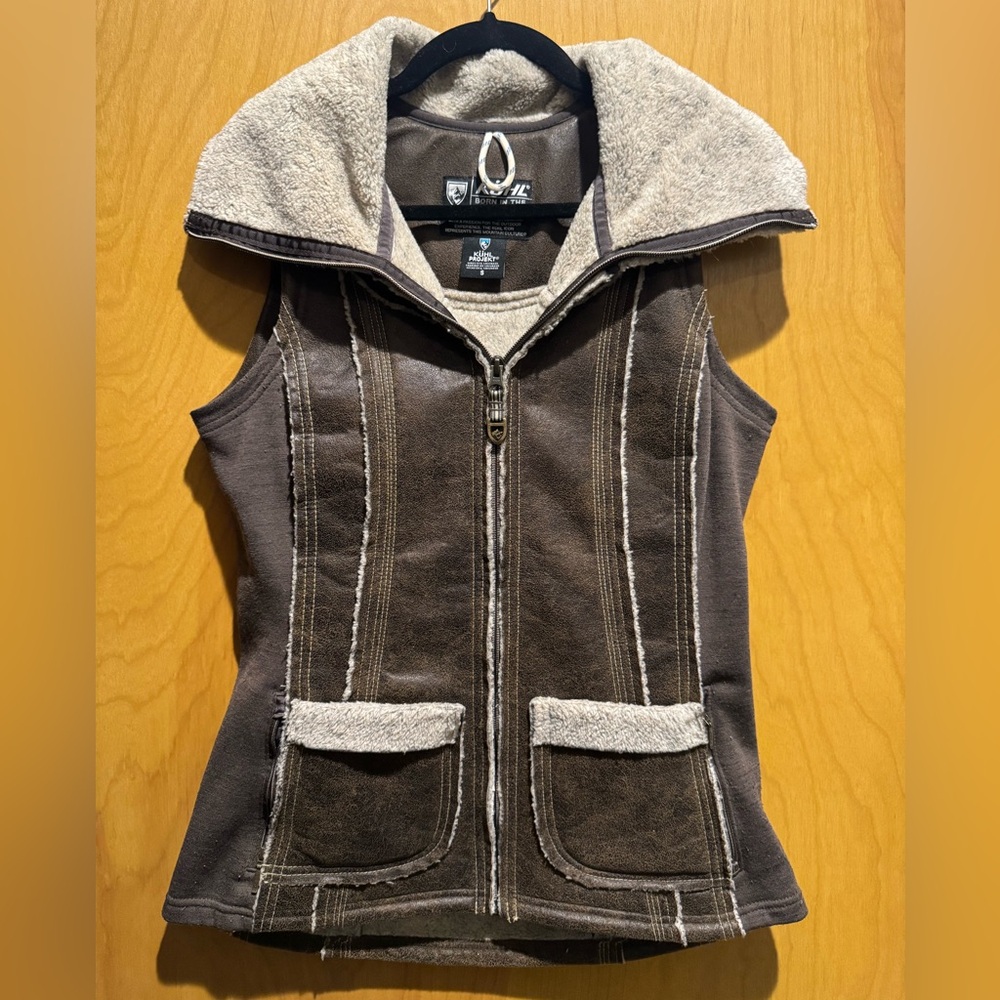 Kuhl Dani Sherpa Vest Womens Small Brown Faux Leather Hiking Outdoor Full Zip